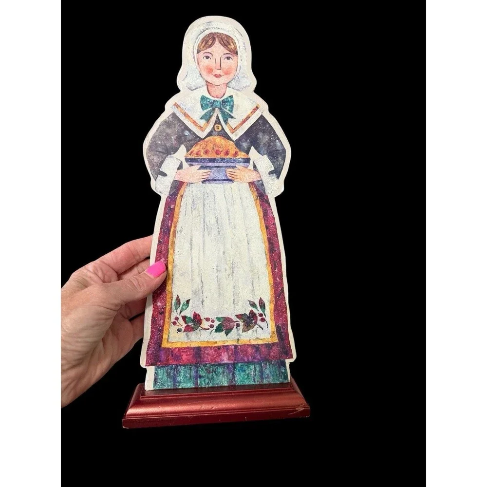 3 Vtg Hallmark Thanksgiving Pilgrims Turkey Die Cut Wooden Stand Decorations